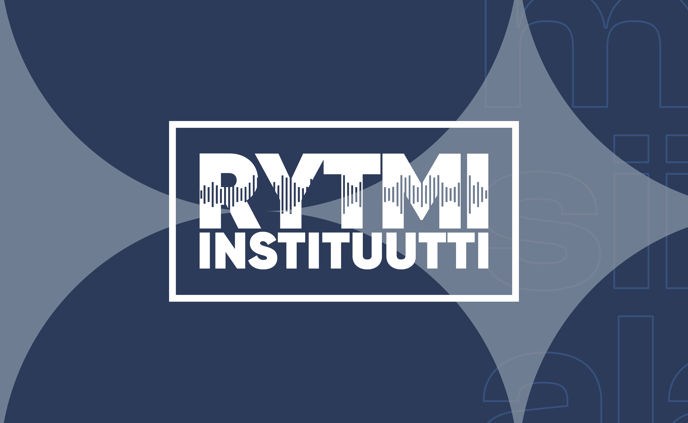 Rytmi-instituutin logo valkoisella, taustalla sininen Musiikkiala.fi-kuvituskuva