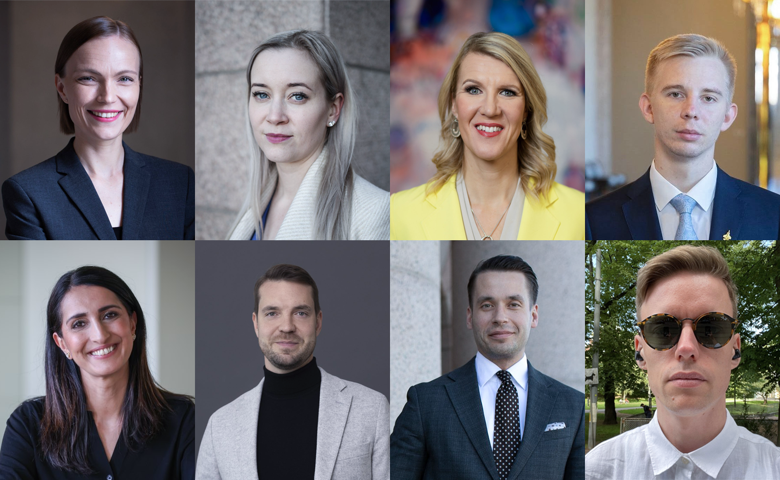Vaalitentin keskustelijat omissa kuvissaan: Minja Koskela, Sofia Virta, Sari Multala, Miko Bergbom, Nasima Razmyar, Jouni Ovaska ja Henrik Wikström, sekä keskustelun toimittava Anton Vanha-Majamaa.